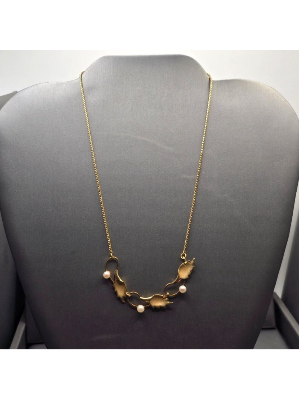 Vintage De Curtis DCE 14K Gold Filled Pearl Leaf Choker Necklace 14" Mid Century - Picture 3 of 16